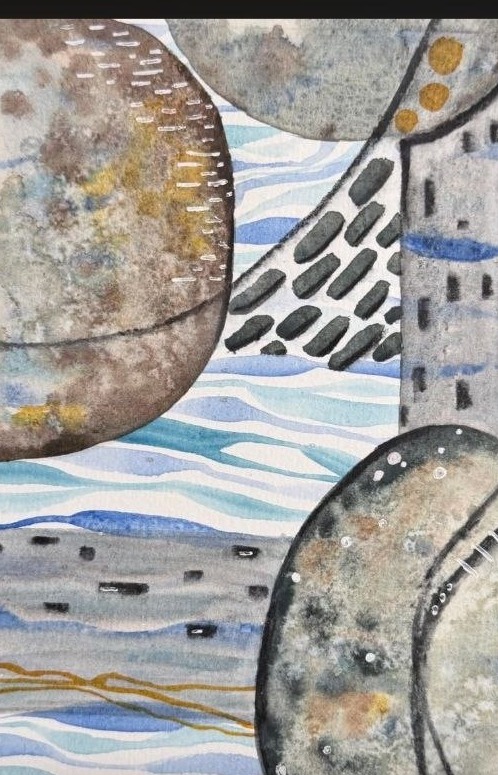 An abstract composition with textured circular forms, wave-like lines, and earthy blue-gray tones.