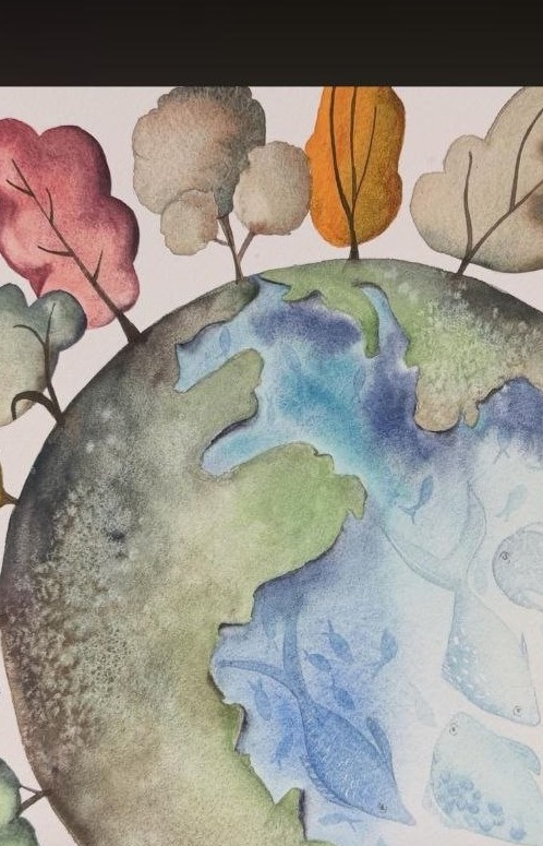 A watercolor earth with trees around the globe and fish visible in blue ocean water.