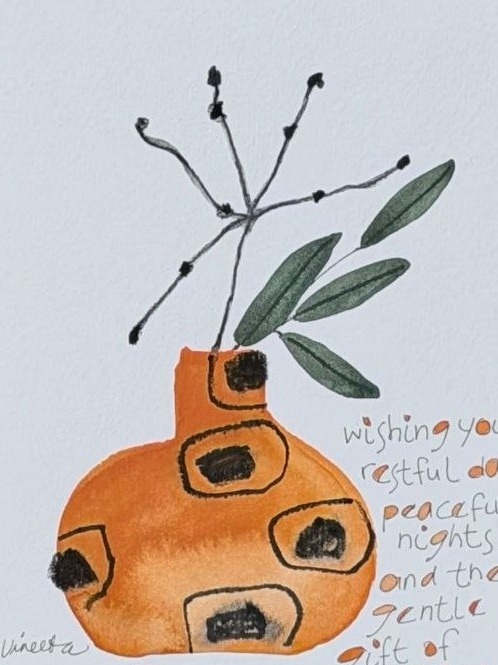 A stylized orange vase with delicate stems and green leaves beside a handwritten healing message.