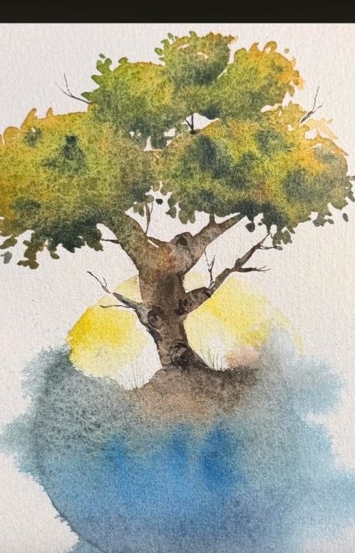 A single tree watercolor with a glowing yellow halo and misty blue wash below.